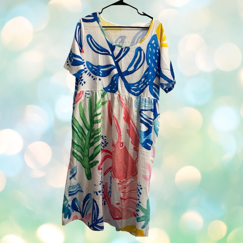 White Multi Tropical Print Midi Dress with Round Neck and Pockets - Unbranded L